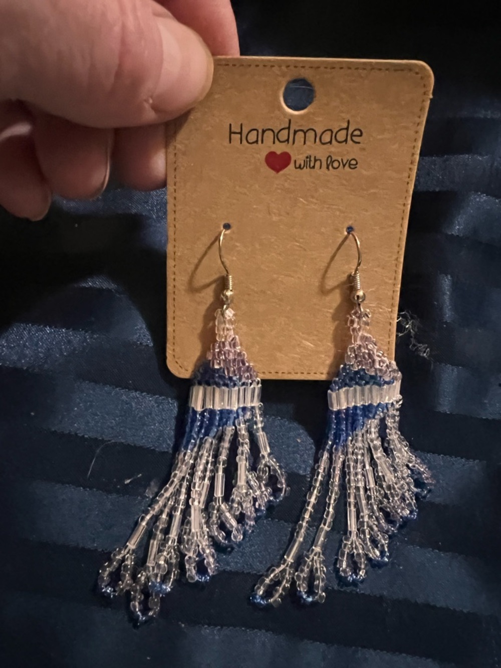 Handmade Blue and Clear Beaded Fringe Earrings